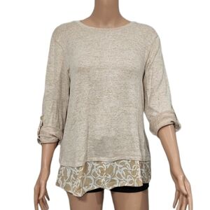 Notations Women's roll-up sleeve top Round neck‎ tan/white Size Medium M